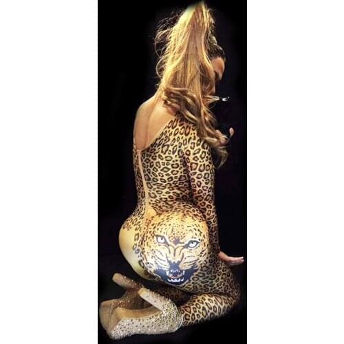 Sexy individuality leopard print design elastic jumpsuit bar nightclub concert singer dancer costumes