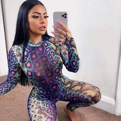 Serpentine Print Sexy Long Sleeve Bodycon Jumpsuit Rompers Women 2020 Pullover Clubwear Outfits One-Piece Rompers Active Wear
