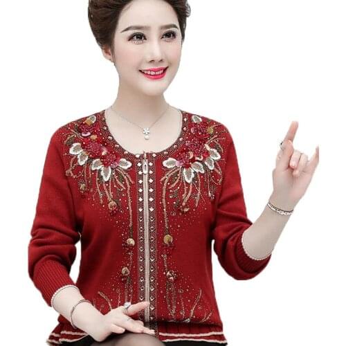 Middle-aged Cardigan Women Autumn Korean Long Sleeve Sweater Cardigan Female Temperament Knitted Plus Size Wool Sweater Top R510