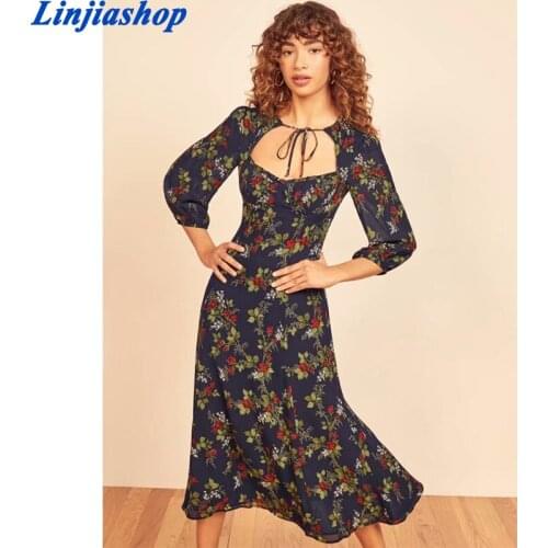 Floral Print Women Midi Dress Elegant Square Collar Half Sleeve Long Party Dresses Casual Vestidos