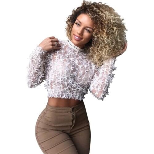 2019 Women Sexy Club Blouse Long Sleeve Transparent Tees Crochet Beach Tops See Through Mesh Hollow Out Shirts Party Clubwear