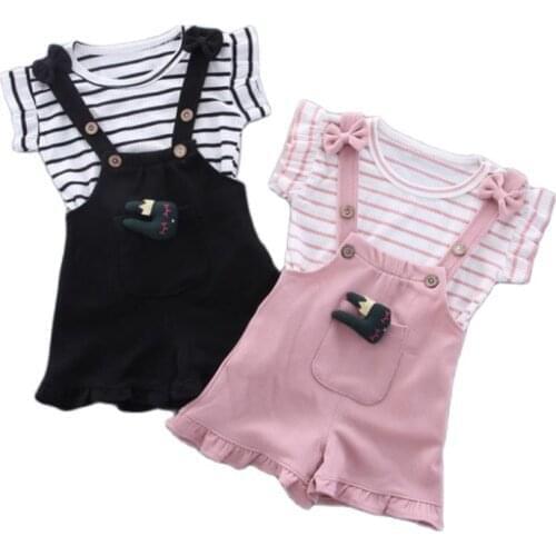 2020 New Summer Girls Clothes Children Clothing Sets Baby Girls stripeT Shirts +Jumper shorts 2Pcs Suits Girls Clothes For 1-4T
