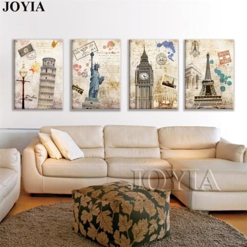 4 Piece Vintage Paintings Canvas Wall Art Painting Prints World Landmark Landscape Pictures For Home Room Decoration Framed No