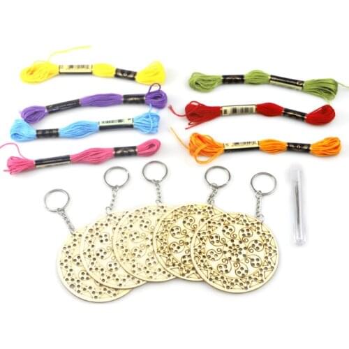 5pcs Round Wooden Cross Stitch Embroidery Keychain Ring w/ Thread DIY Craft Kit