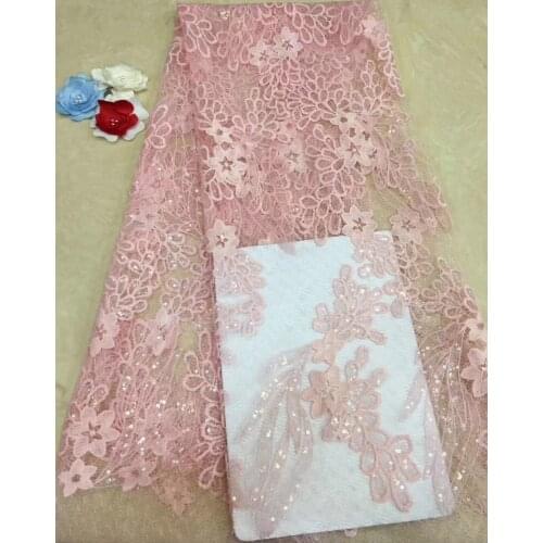 5yards/pc latest African tulle lace fabric pink French net lace fabric with embroidery and sequins for party dress FZZ238