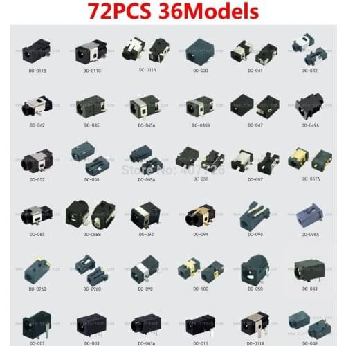 72pcs/36models DC power connector female tablet DC jack laptop socket terminal 12V SMD Pin1.0/1.35/2.0