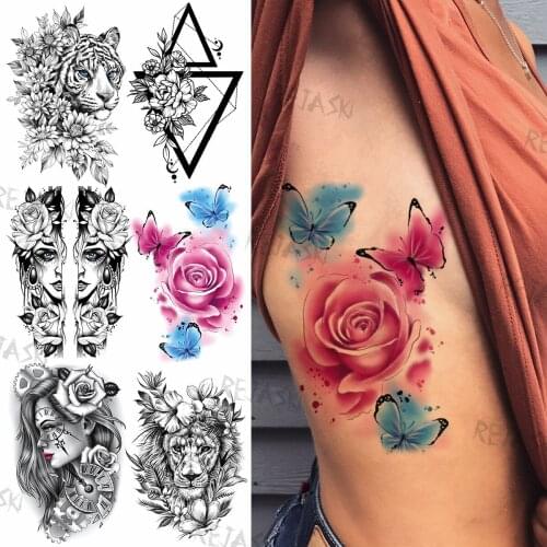 Watercolor Rose Butterfly Temporary Tattoos For Women Adult Fake Tiger Gangster Lion Flower Tatoos Sticker Washable Tattoo Paste