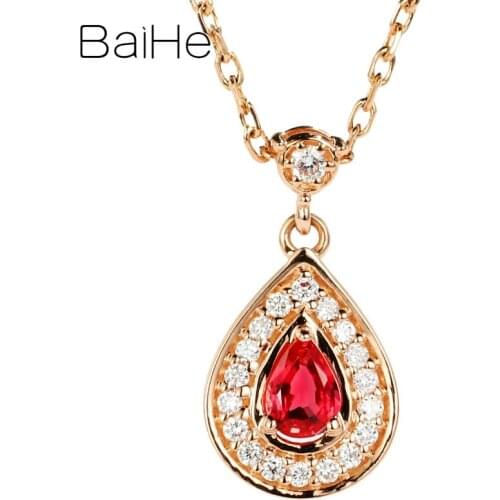 BAIHE Solid 18K Yellow Gold 0.12ct Natural Ruby Women Wedding Gift Trendy Fine Jewelry Water drop Ruby diamond pendant Necklaces