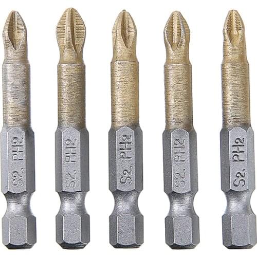 5pcs Titanium Coated PH2 Electric Screwdriver Bits 1/4" Hex Shank Anti Slip For ElectricianMechanic Repair Work