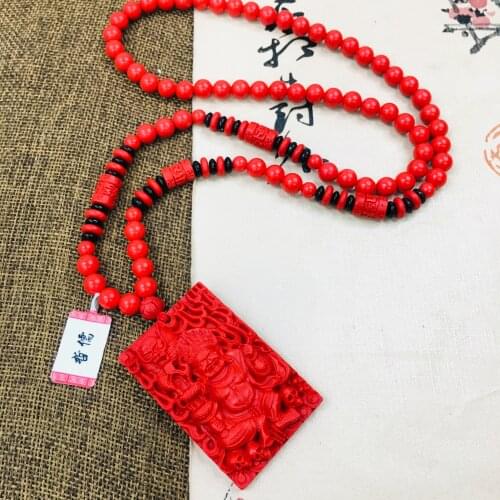Zheru natural cinnabar carved red devil Buddha pendant with cinnabar bead necklace men and women sweater chain
