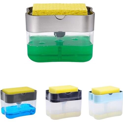 Soap Pump Dispenser with Sponge Holder Cleaning Liquid Dispenser Container Manual Press Soap Organizer Kitchen Cleaner Tool