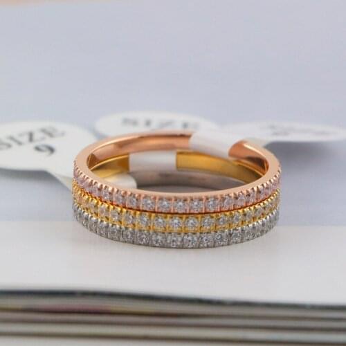 YUN RUO 2020 Rose Gold Colors Luxury Full Crystal CZ Couple Rings for Woman Man Wedding Jewelry 316 L Stainless Steel Not Fade