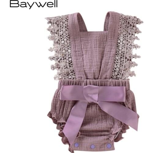 Baywell Newborn Baby Girl Summer Bodysuits Clothes Solid Color Lace Ruffled Flare Sleeve Bowknot One-piece Bodysuit Jumpsuit