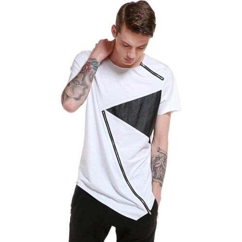 Men Round Collar T Shirt High Street Fashion Short Sleeve Hem Zipper Stitching