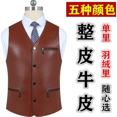 Mens New First Layer Cowhide V-neck Suit Vest Youth Fashion Handsome Leather Vest