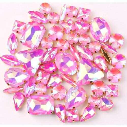 Gold claw setting 50pcs/bag shapes mix jelly candy Rose AB glass crystal sew on rhinestone wedding dress shoes bags diy