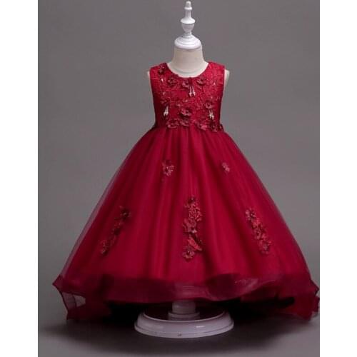 2021 New Girls Sleeveless Lace Flower Princess Trailing Dress Kids Elegant Party Prom Ball Gown Children Costume 3-14 Year