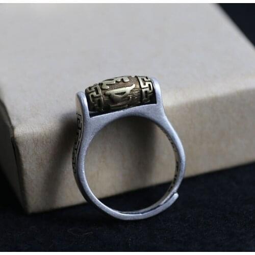 New Retro 925 Sterling Silver Ring Male And Female Six-character Mantra Can Turn Transfer Bead Opening Adjustment Ring