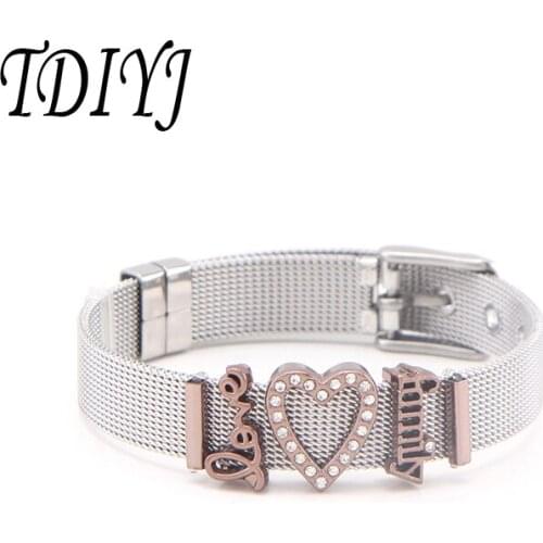 TDIYJ New Women Stainless Steel Mesh Keeper Bracelets with Words Cystal Flower DIY Charms for Family Love Gift