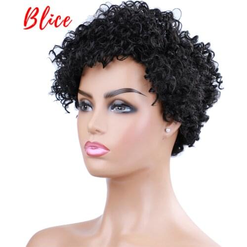 Blice 6 Inch Short Curly Synthetic Wigs Heat Resistant For Women Natural Black Side Parting Daily Party American African Wig