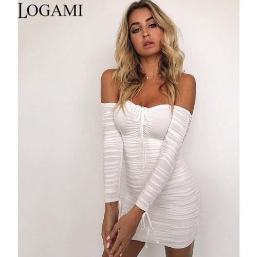 LOGAMI Off Shoulder Dress Bodycon Sexy Party Dresses Clubwear Women Long Sleeve Autumn Winter Holiday Mini Dress Black White