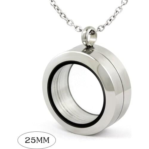 Diylocket 25mm Stainless Steel Twist Silver Color Glass Round Floating Locket With Chains Fit 8mm Pearl Charms LSFL076