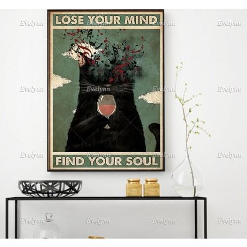 Black Cat Music And Wine Lovers Lose Your Mind Find Your Soul Retro Poster Wall Art Prints Home Decor Canvas Gift Floating Frame