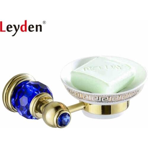 Leyden Luxury Gold Finish Blue Crystal Ceramics Soap Dish Holder Wall Mounted Bathroom Soap Holder Hanger Bathroom Accessories