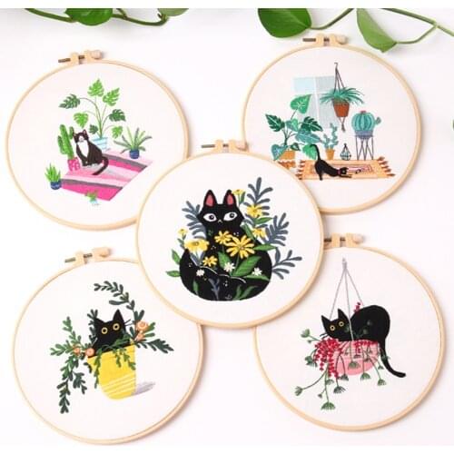 DIY Cross Stitch Needlework Tools For Beginners Home Sewing HandCrafts Kit Embroidery Set Flowers Plants Cat Pattern Handmade