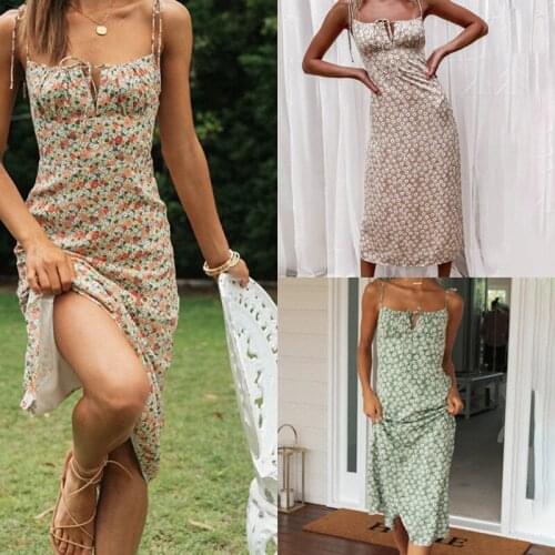 Floral Print Boho Sundress Women Summer Casual Lace Up Front Print Dress Vintage Slip Long Midi Dress Female Party Vestidos