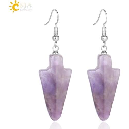 CSJA Reiki Boho Jewelry Dangle Drop Arrowhead Earrings Natural Gem Stone Ear Pendant Pink Quartz Opal White Crystal Earring E581