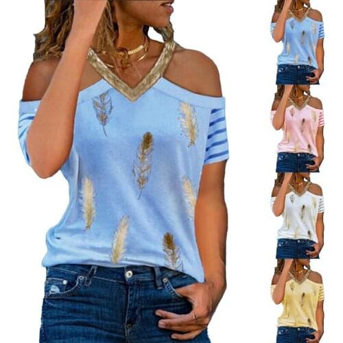 Women Blouse Feather Print V Neck Summer Hollow Out Shoulder Patchwork T-shirt for Party Large Size Womens Blouses Summer Tops