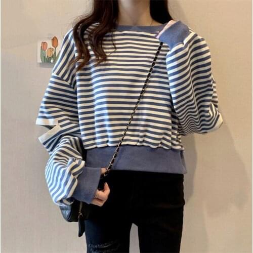 Womens Pullovers Sweatshirts Hoodies Striped Spring Autumn New Korean Style Loose Short Ripped Long Sleeve Top O-Neck Casual