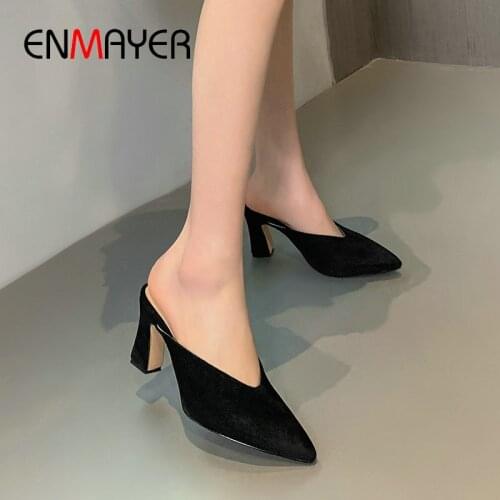ENMAYER Flock Pointed Toe Womens Shoes Mules Party Slip-On Wedding Shoes Square Heel Synthetic Spring/Autumn Heels Size 34-43