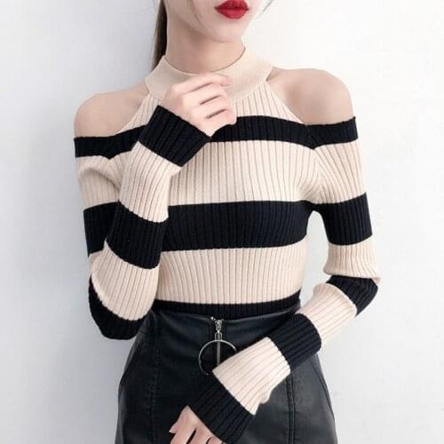 Women Girl Winter Fall Stripe Sweater Off Shoulder Knitted Pullovers Turtleneck Sweaters Basic Knitwear Outwear Tops AA5118