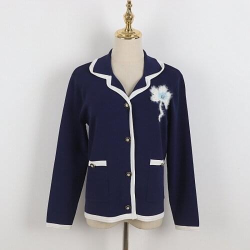 Womens Navy Blue Knitted Cardigan Sweater British Style V-Neck Retro Single-Breasted Long-Sleeved Sweater Jacket Korean Top