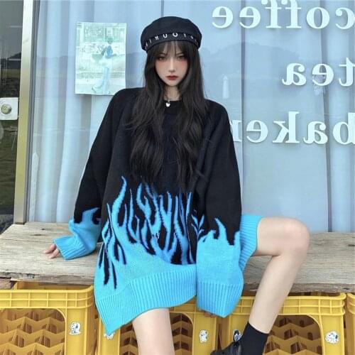 Women Loose Plus Size Flame Color Matching O Neck Knitted Sweater Pullover Tops Hip Hop Oversized Knitting Pullover Top