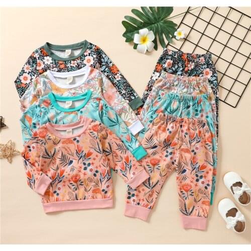 1-5 Year Girls Spring Autumn Casual Clothes Set Leaves And Flower Printed Pattern Pullover Pants Set Infant Girls Sportswear Set