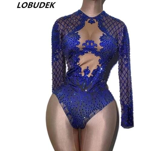 Long Sleeve Print Blue Rhinestones Bodysuit Women Skinny Elastic Leotard Stage Wear Nightclub Bar DJ Acrobatic Performance Wear