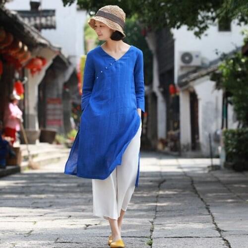 Summer Dress Improved Slanted Cheongsam Dress with High Slits V-Neck Loose Large Size Zen Womens Clothing 2021