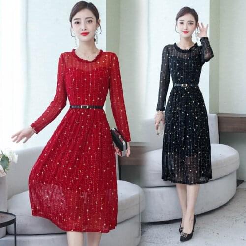 Women Autumn Mesh Dress New 2019 Fashion Korea Style Ladies Office Casual A-Line Dress Striped Loose Transparent Black Red Dress