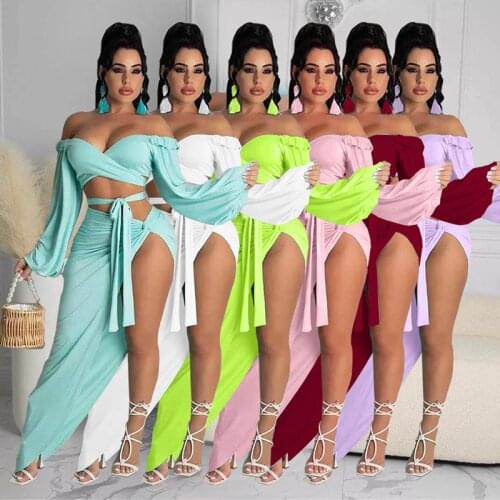 2021 Women Sexy Slash Neck Two Pieces Dress Set Lantern Long Sleeve Crop Tops And Lace-up High Split Ankle-Length Skirts Clubwea