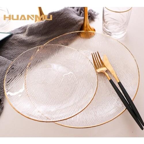 Golden Edge Transparent Glass Plate Hammer Grain Western Steak Tray Plate Table Domestic Fruit Plate Decorative Tableware тарелк