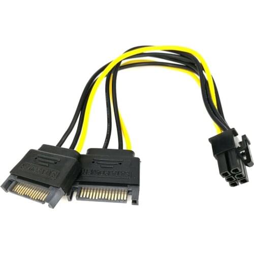 20cm Sata Power To 6 pin Graphics Power Supply Dual Sata Power Cord 15 pin Male M to PCI-e 6 Pin Female F Video Card Power Cable
