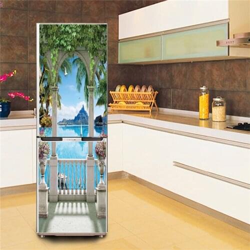 Balcony Lake View 3D Fridge Stickers Refrigerator Cover Door Landscape PVC Adhesive Freezer Sticker Kitchen Furniture Decor Wrap
