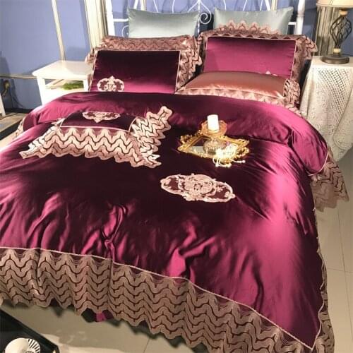 Luxury Wedding 120S Egyptian cotton Purple Embroidery Bedding sets Queen King Lace Duvet cover Bed sheet set Pillowcases 4/6pcs