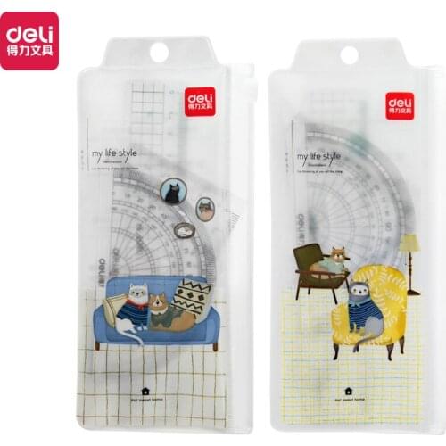 4pcs / set of Deli 71968 cartoon animal multifunctional drawing combination ruler + triangle plate protractor, student supplies