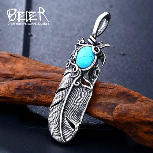 Beier 316L Stainless Steel pendant necklace Japan popluar feather pendant with Natural Oval Opal Green Stone jewelry LLBP8-283P