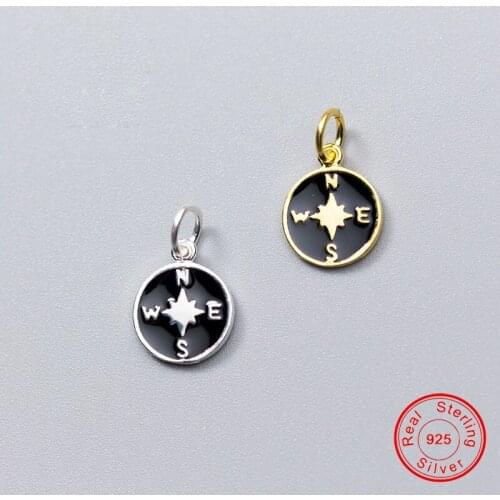 UQBing Real 925 Sterling Silver Black White Enamel Round Compass Charm Fit DIY Bracelet Bangles Pendant Jewelry Making