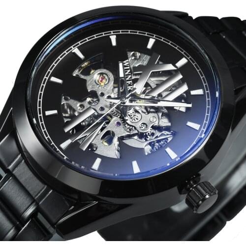 Winner Blue Light Glass Automatic Watch Black Mens Watches Top Brand Luxury Luminous Stainless Steel Mechanical Clock часы муж